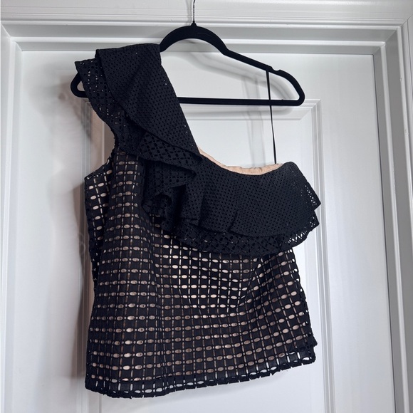 J. Crew Women’s One-Shoulder Ruffle Eyelet Top Black w/ Cream Lining - Picture 1 of 5